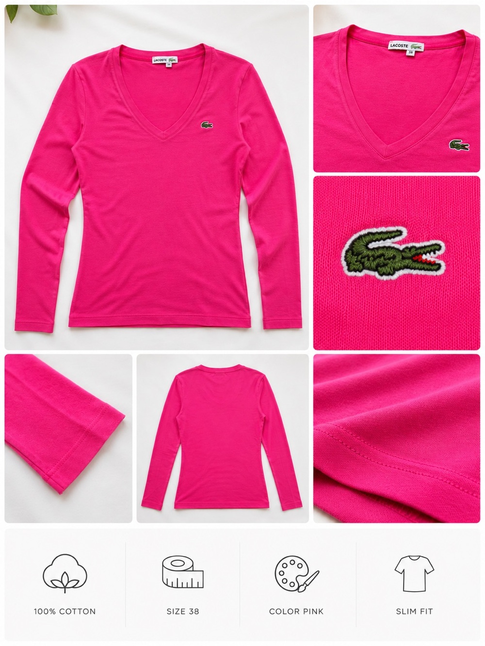 Lacoste Pink Long Sleeve V-Neck Top Women’s Size 38 Slim Fit Crocodile Logo